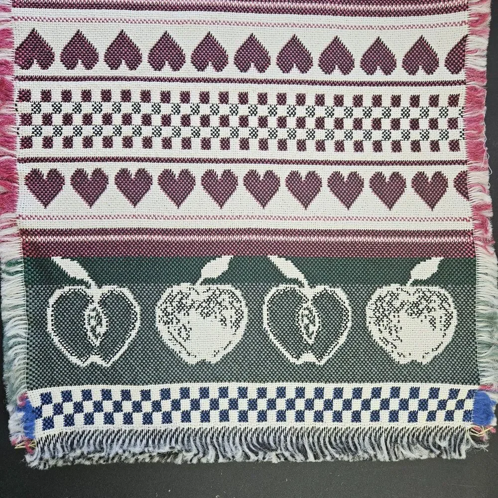 A is for Apple VTG Runner & 4 Placemats Tapestry Fringe Hearts Checkered Red Grn